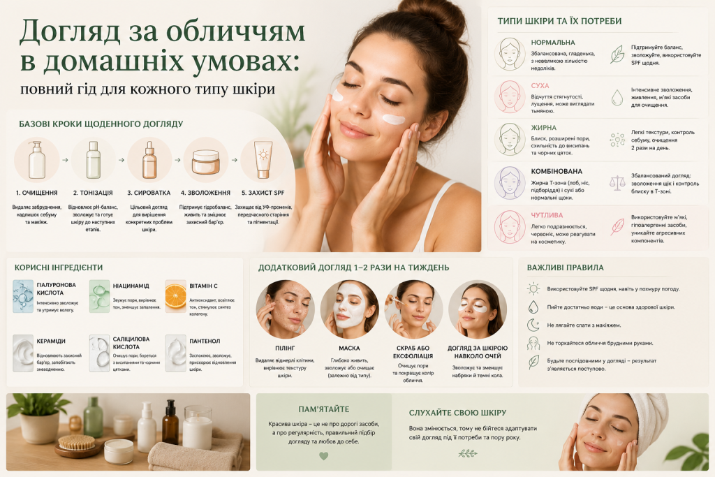 Інфографіка з кроками щоденного догляду за обличчям, типами шкіри та корисними інгредієнтами