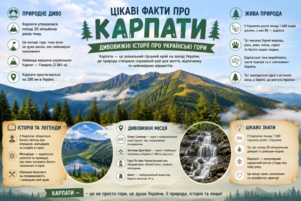 Інфографіка про Карпати з фактами про природу, тварин, легенди, визначні місця та озеро Синевир на тлі гірського пейзажу