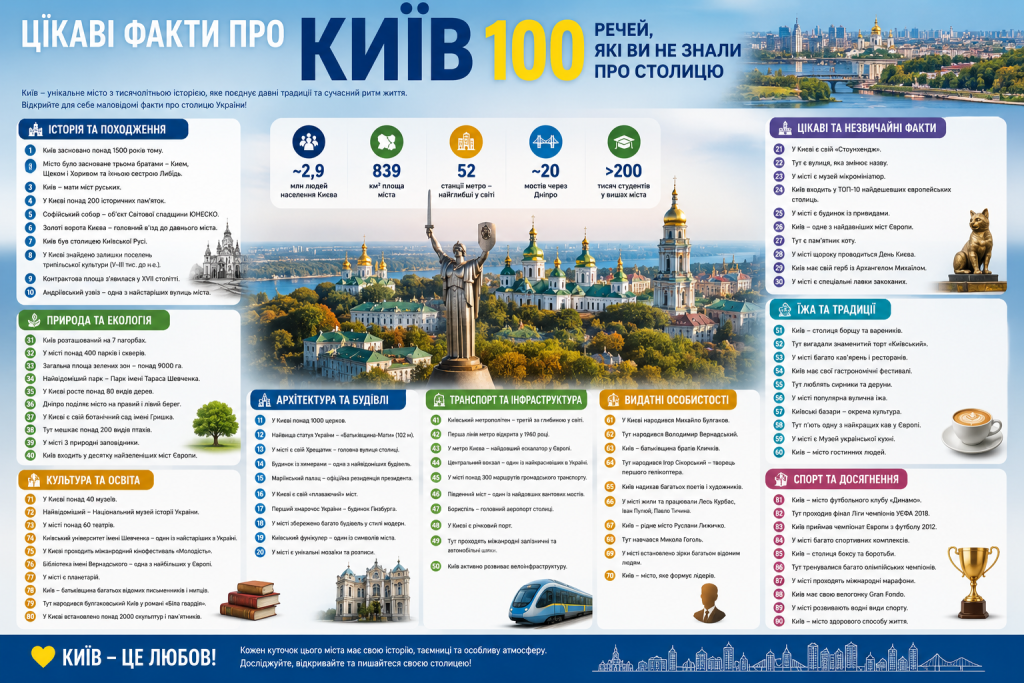 Інфографіка з 90 фактами про Київ: історія, архітектура, транспорт, культура, природа та визначні особистості