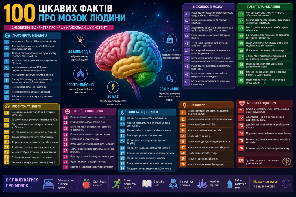 Інфографіка з фактами про мозок людини: анатомія, пам'ять, емоції, сон, здоров'я та поради як піклуватися про мозок