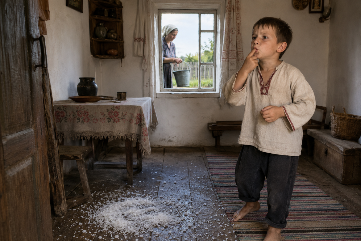 Хлопчик свистить у старій сільській хаті, поки жінка набирає воду за вікном