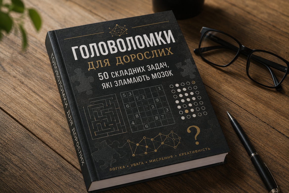 Книга з головоломками для дорослих лежить на столі поряд з окулярами та ручкою