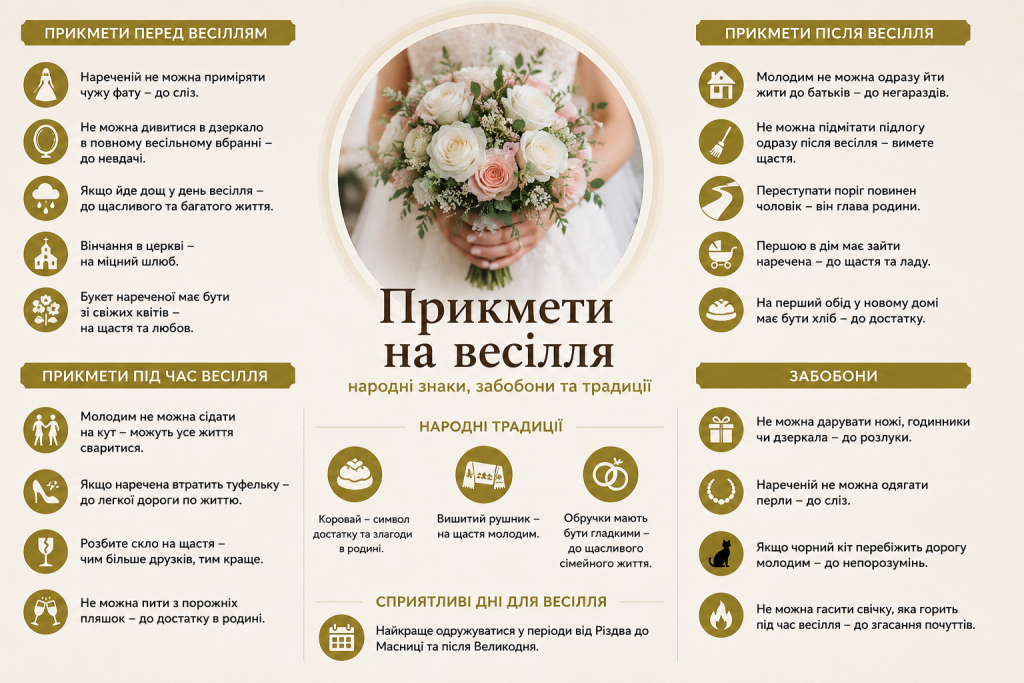 Інфографіка з весільними прикметами та народними традиціями на фоні весільного букета