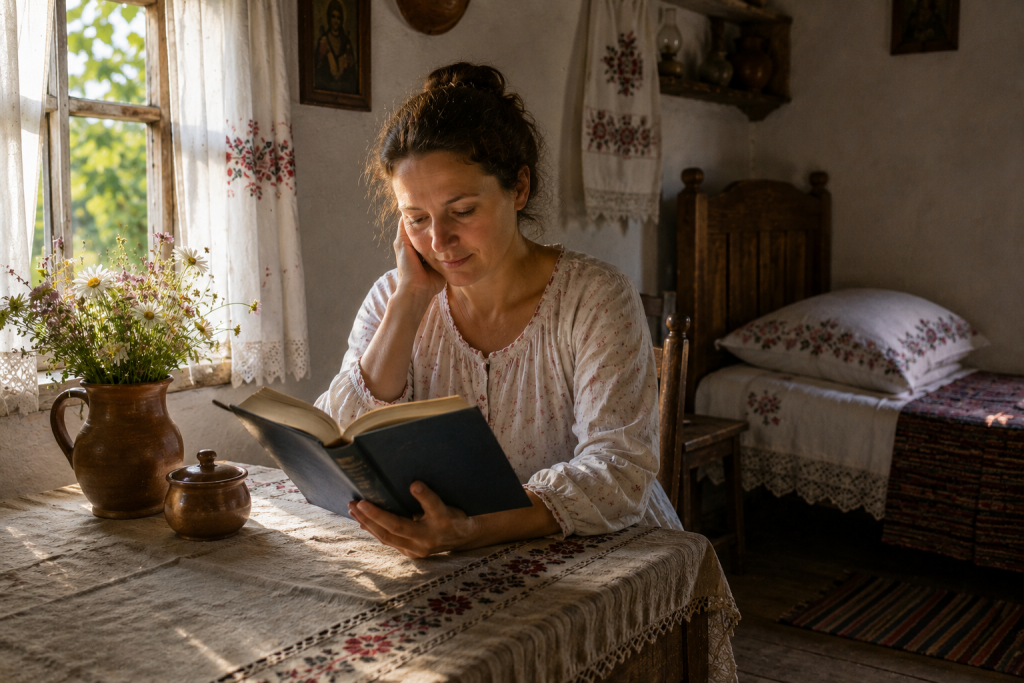Жінка читає стару книгу про тлумачення снів у затишній кімнаті