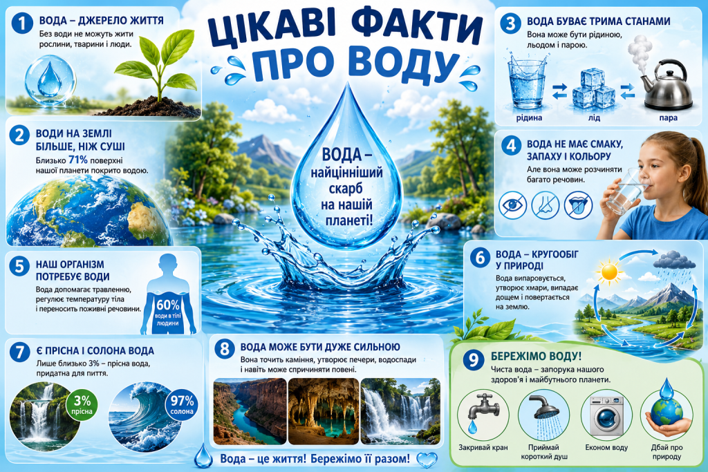 Інфографіка «Цікаві факти про воду» з дев'ятьма блоками про властивості, стани та важливість води для життя