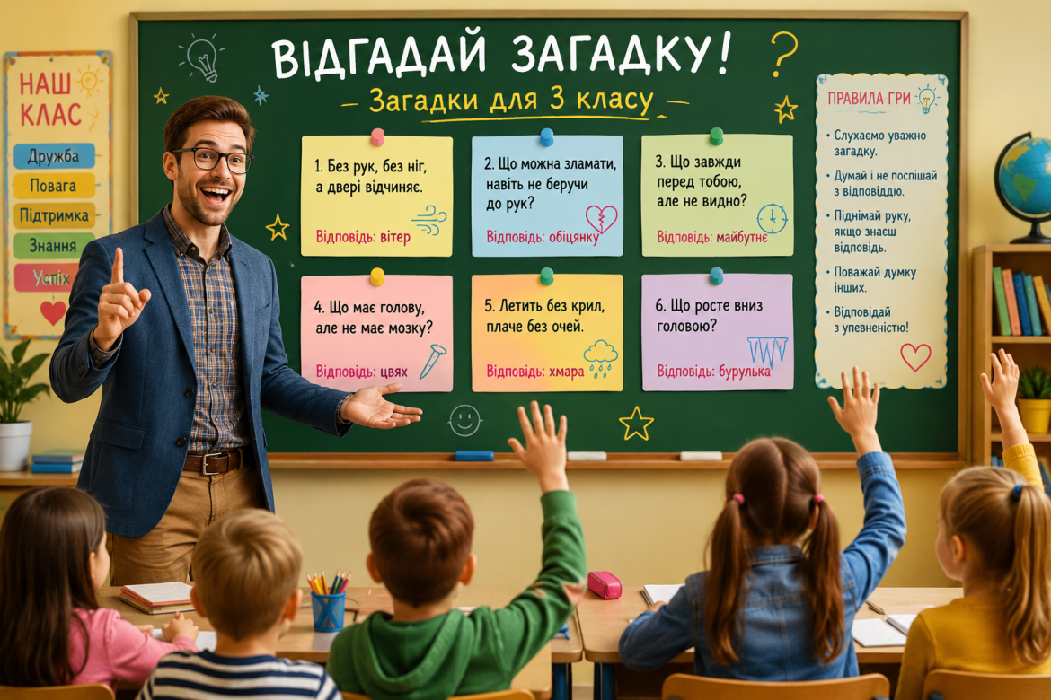 Усміхнений вчитель біля дошки із загадками для 3 класу, діти піднімають руки щоб відповісти у яскравому шкільному класі