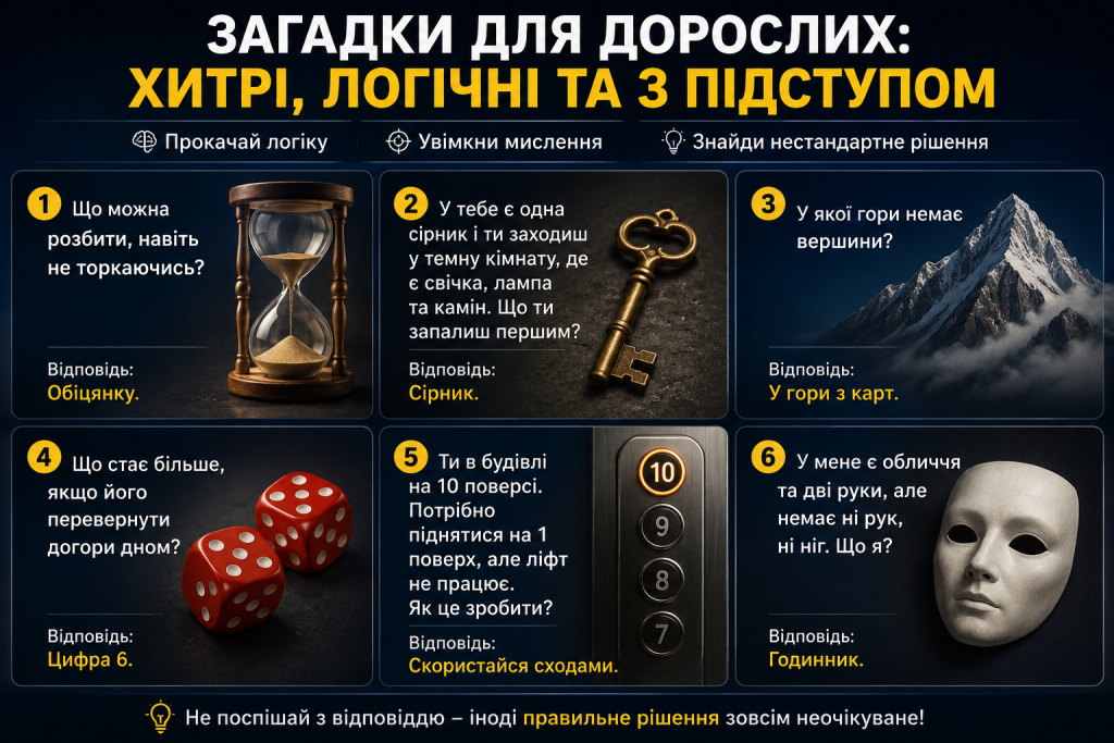 Інфографіка з 6 логічними загадками для дорослих з відповідями на темному фоні з ілюстраціями пісочного годинника, ключа, гори, кубиків та маски