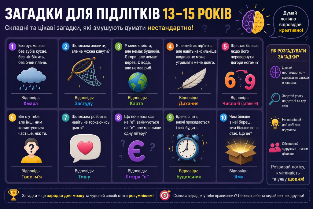 Інфографіка з 10 логічними загадками для підлітків 13–15 років з відповідями та порадами як розгадувати загадки нестандартно