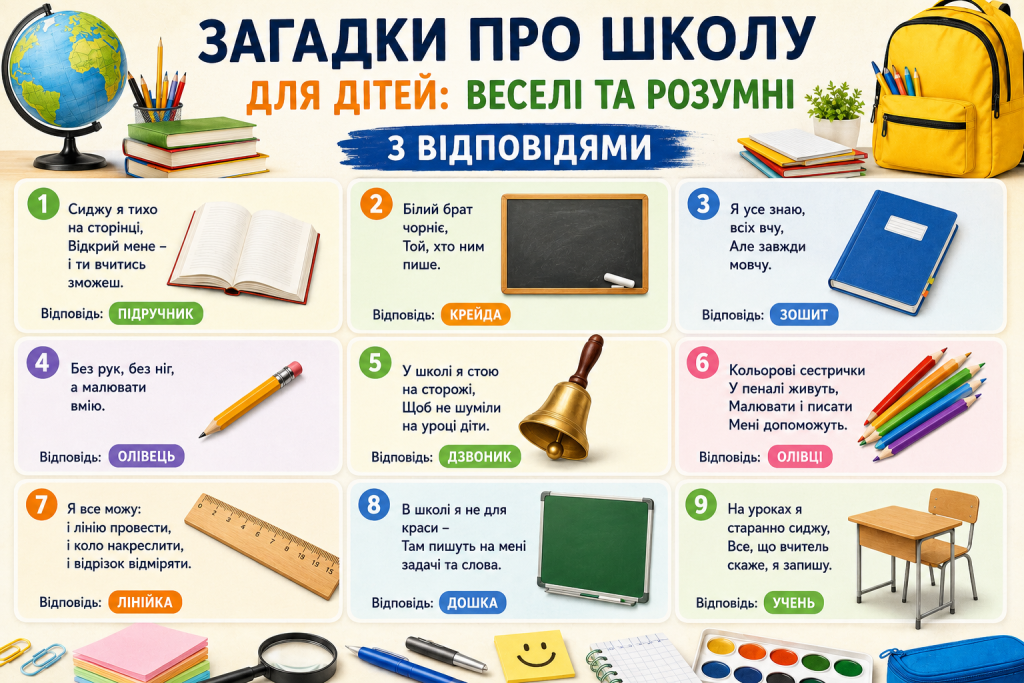 Інфографіка з 9 загадками про шкільне приладдя для дітей з відповідями: підручник, крейда, зошит, олівець, дзвоник, лінійка, дошка та учень